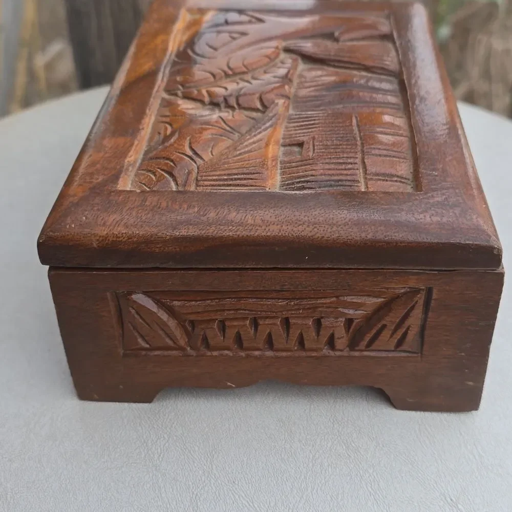 Vintage Hand Carved Wood Jewelry Box Mirror Red Velvet Lined Footed